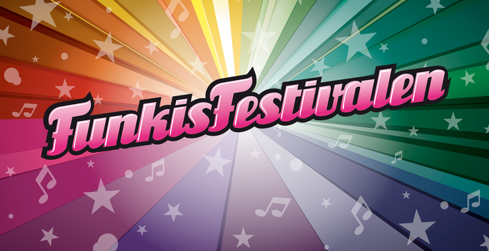 Illustrerad bild i regnbågsfärger med ordet Funkisfestivalen skrivet i rosa färg över.